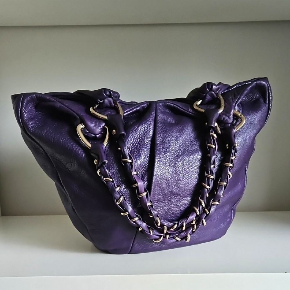 Elliot Lucca Purple Slouch Pebbled Leather Bag with Chain Straps
